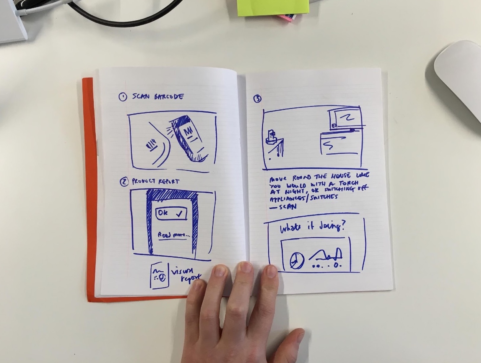 Open notebook showing storyboard sketches