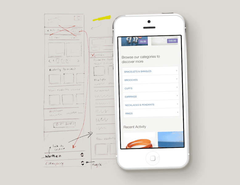 Section of a website on a smartphone alongside an interface sketch